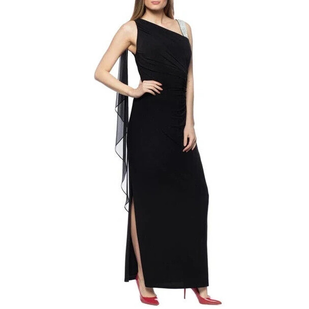 NWT Marina Rhinestone Strap Draped Waist Chiffon Gown Women's Black Size 8